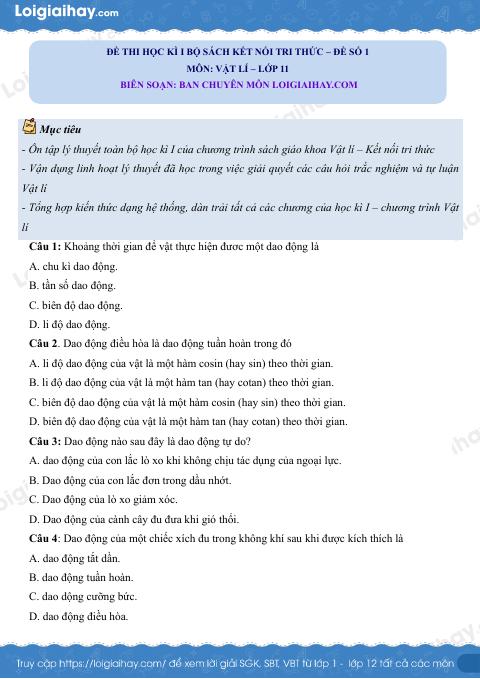 Đề thi học kì 1 Vật lí 11 Kết nối tri thức - Đề số 1